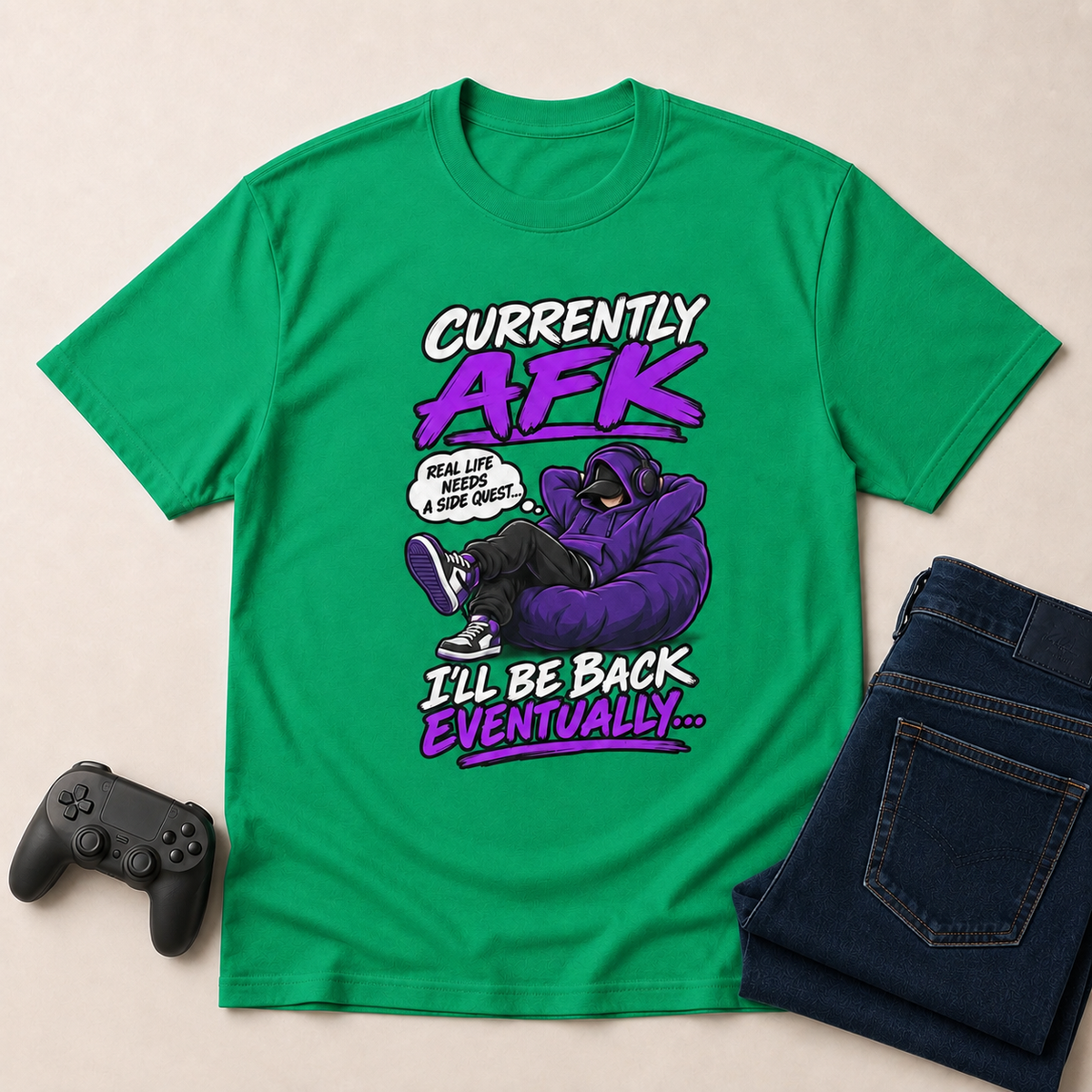 AFK Gaming T-Shirt in Kelly Green with controller and coordinated jeans