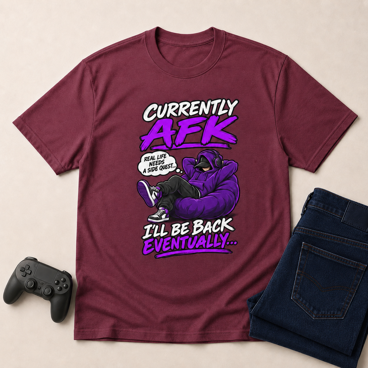 AFK Gaming T-Shirt in Maroon with controller and coordinated jeans