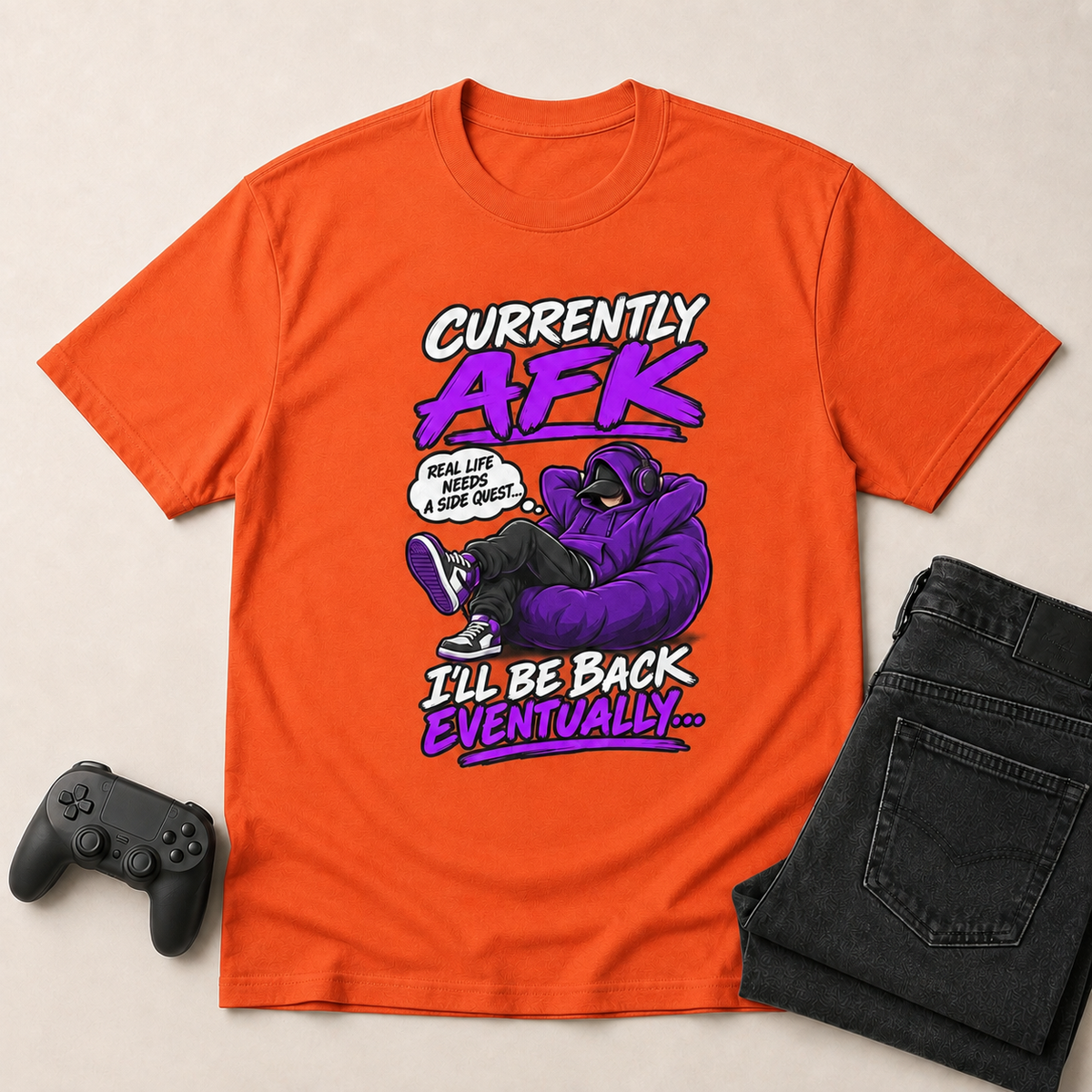 AFK Gaming T-Shirt in Orange with controller and coordinated jeans