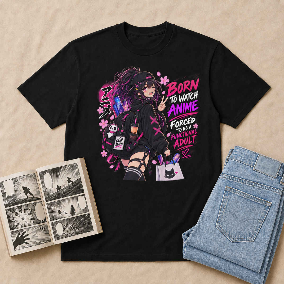 Born to Watch Anime Girl T-Shirt flat-lay with light-blue folded jeans