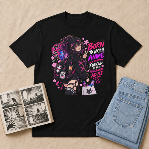 Born to Watch Anime Girl T-Shirt flat-lay with light-blue folded jeans