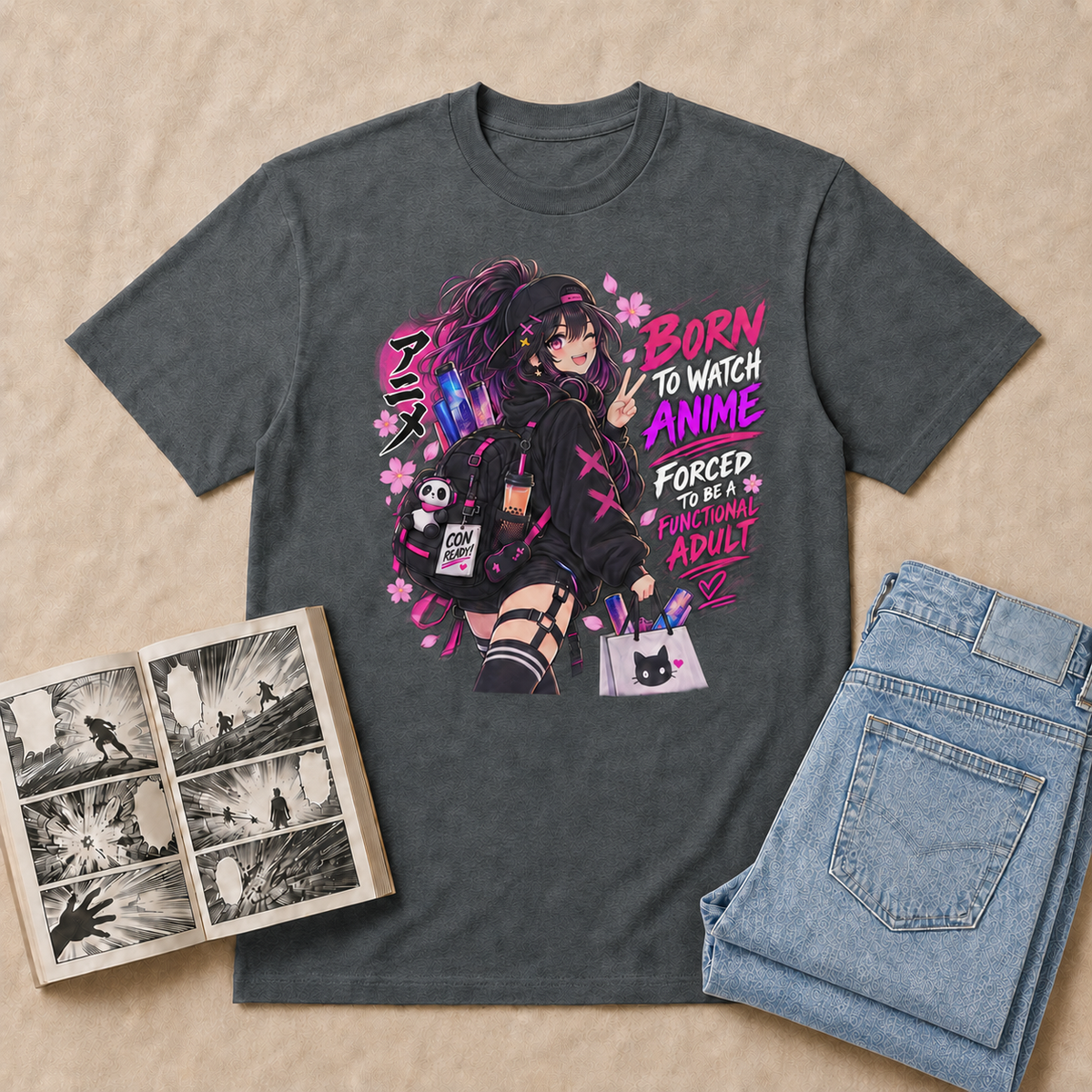 Born to Watch Anime Girl T-Shirt — Dark Heather flat-lay mockup