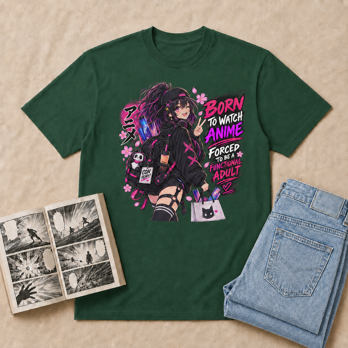 Born to Watch Anime Girl T-Shirt — Forest Green flat-lay mockup