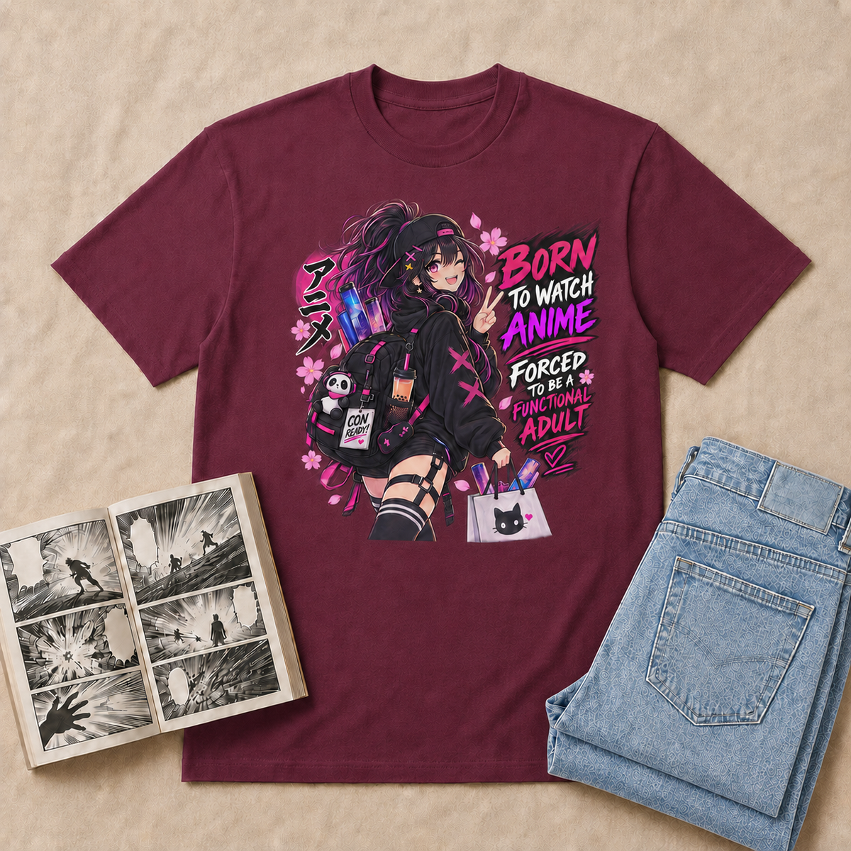 Born to Watch Anime Girl T-Shirt — Maroon flat-lay mockup