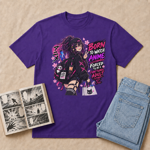 Born to Watch Anime Girl T-Shirt — Purple flat-lay mockup
