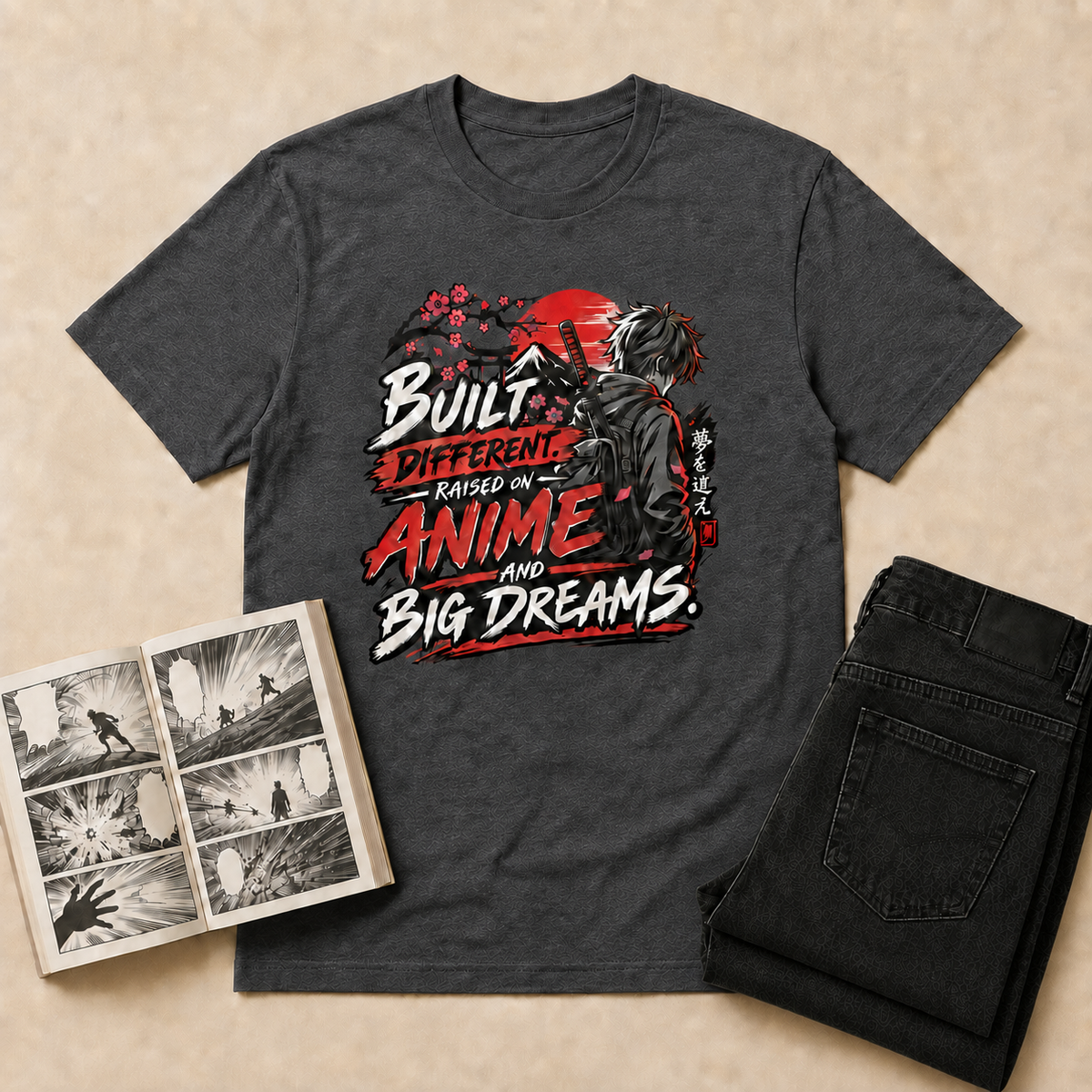 Built Different Anime T-Shirt — Dark Heather overhead flat-lay with manga and double-folded black jeans