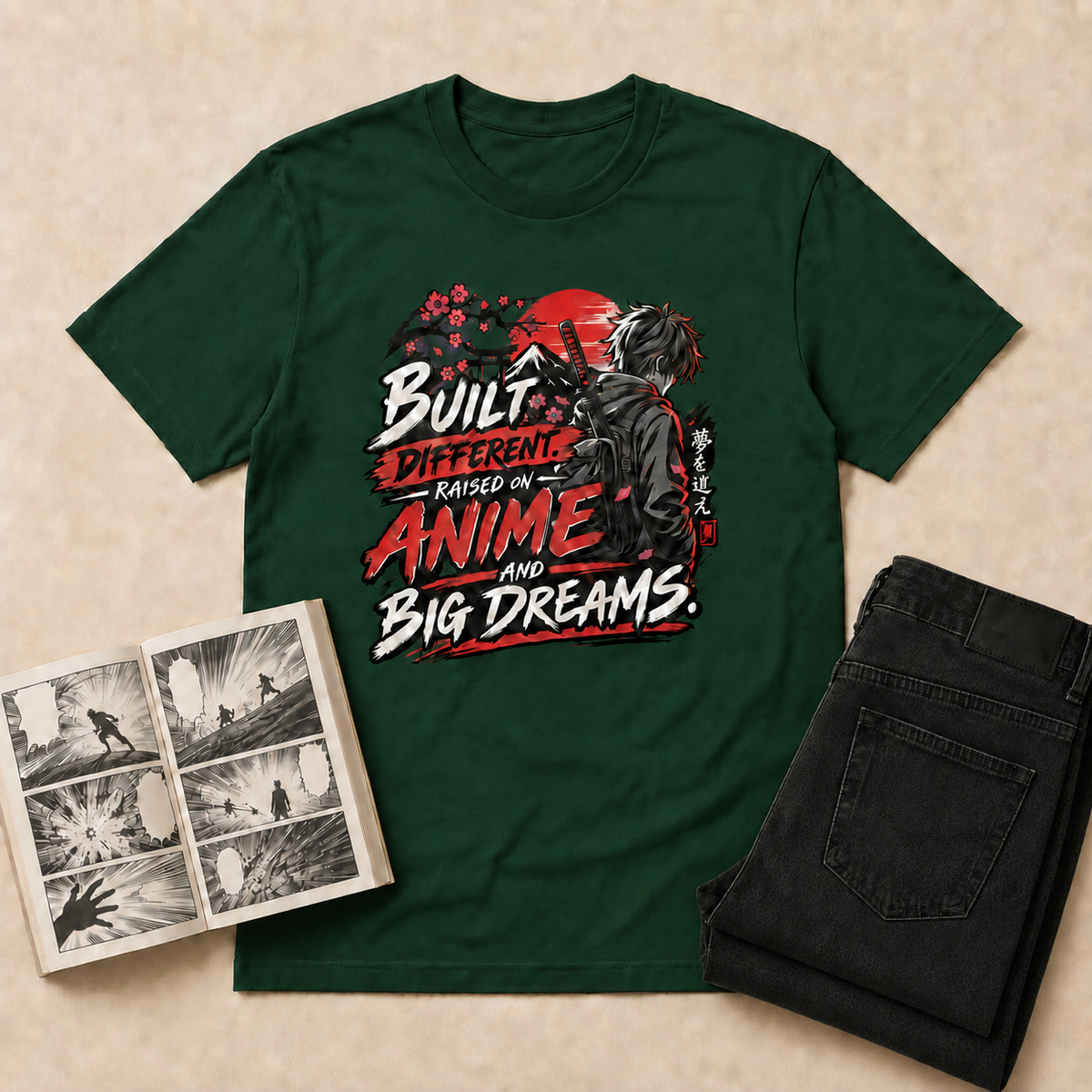 Built Different Anime T-Shirt — Forest Green overhead flat-lay with manga and double-folded black jeans