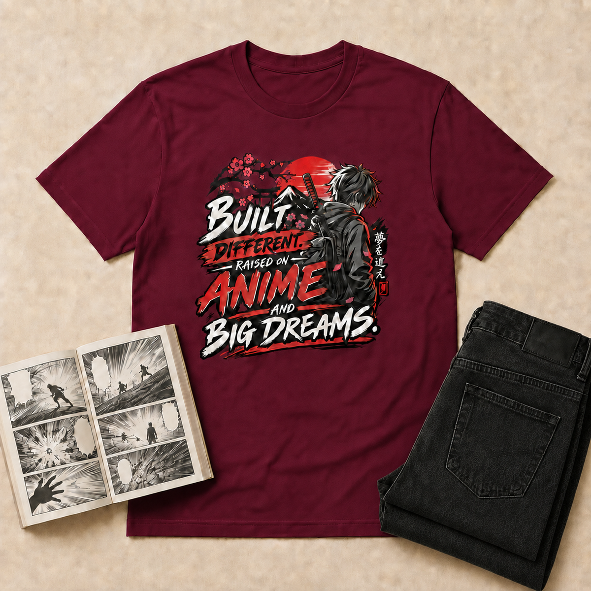 Built Different Anime T-Shirt — Maroon overhead flat-lay with manga and double-folded black jeans