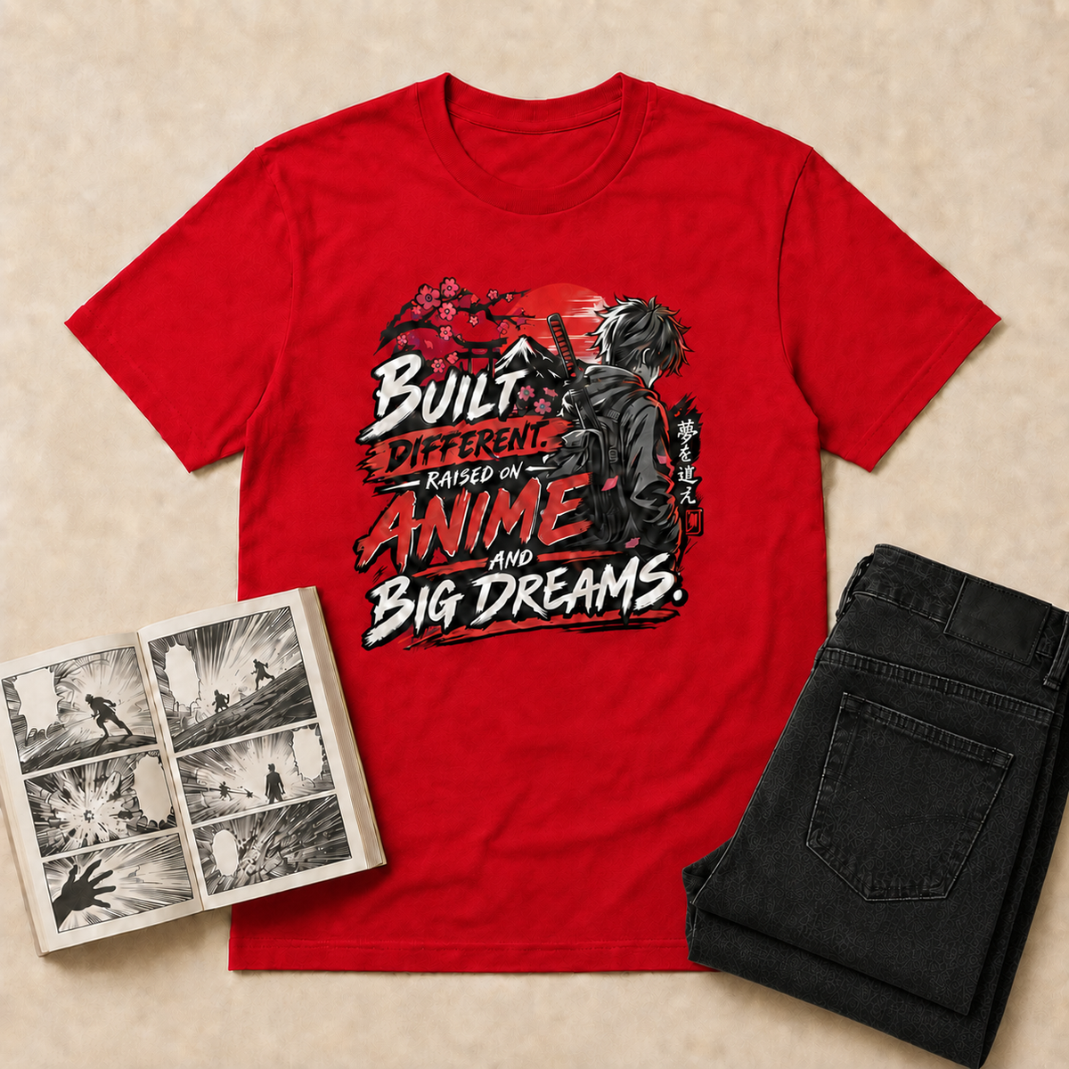 Built Different Anime T-Shirt — Red overhead flat-lay with manga and double-folded black jeans