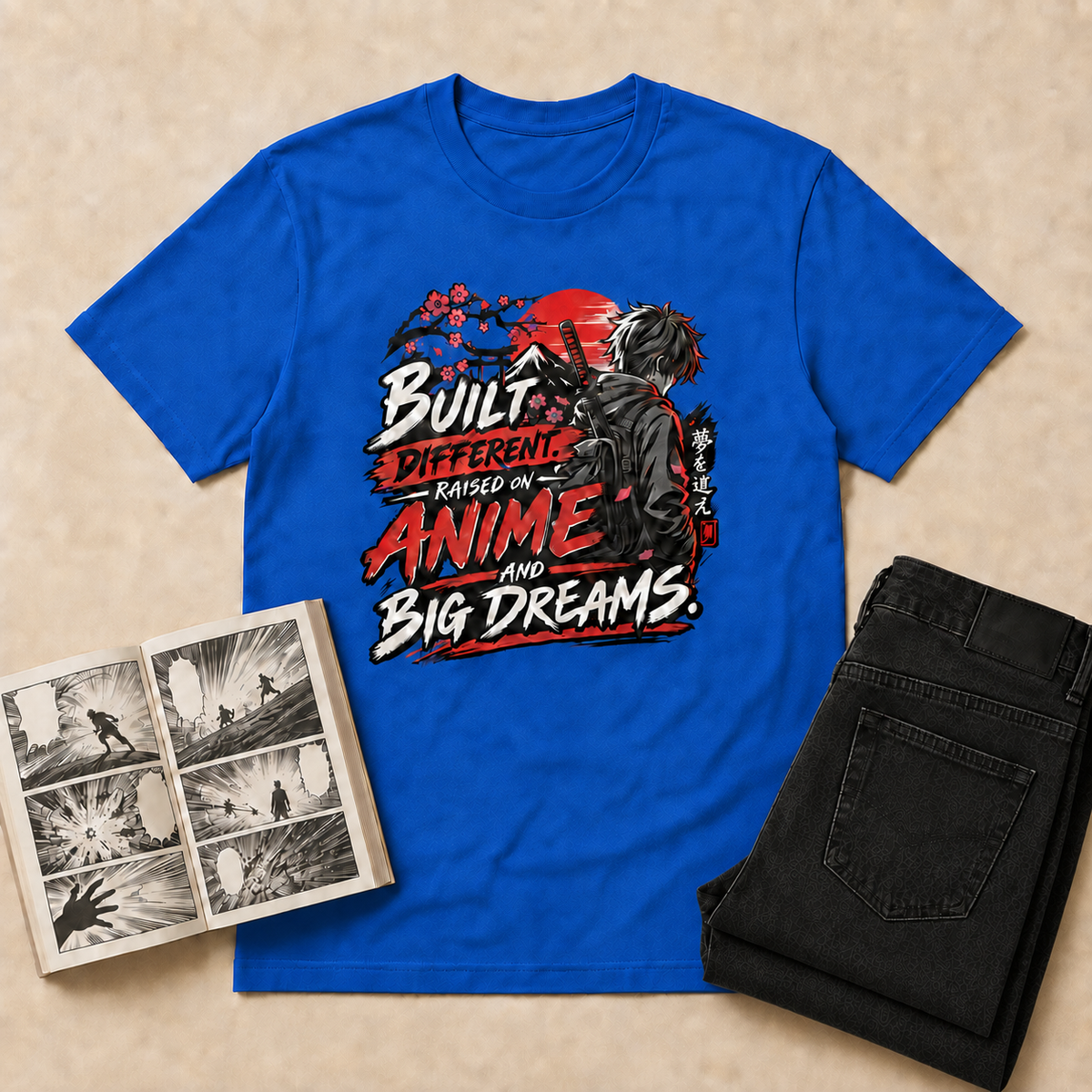 Built Different Anime T-Shirt — Royal overhead flat-lay with manga and double-folded black jeans
