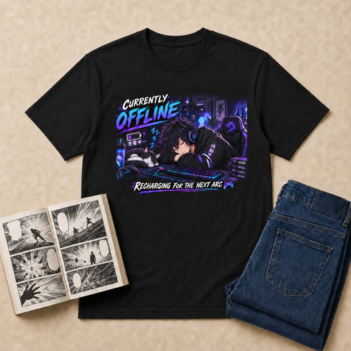 Currently Offline Anime T-Shirt flat-lay with dark-indigo folded jeans