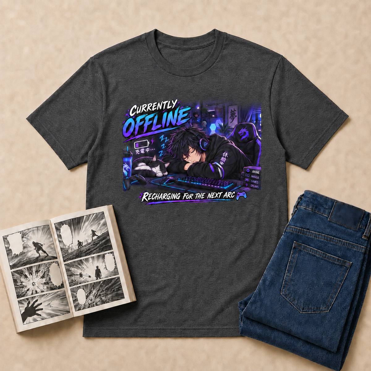 Currently Offline Anime T-Shirt — Dark Heather overhead flat-lay