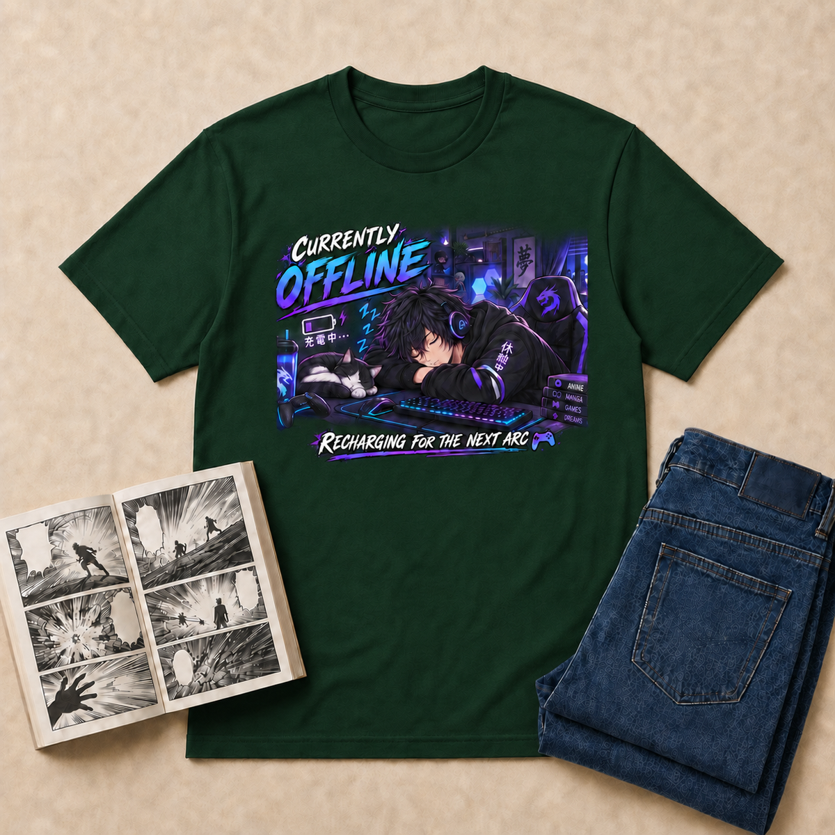 Currently Offline Anime T-Shirt — Forest Green overhead flat-lay