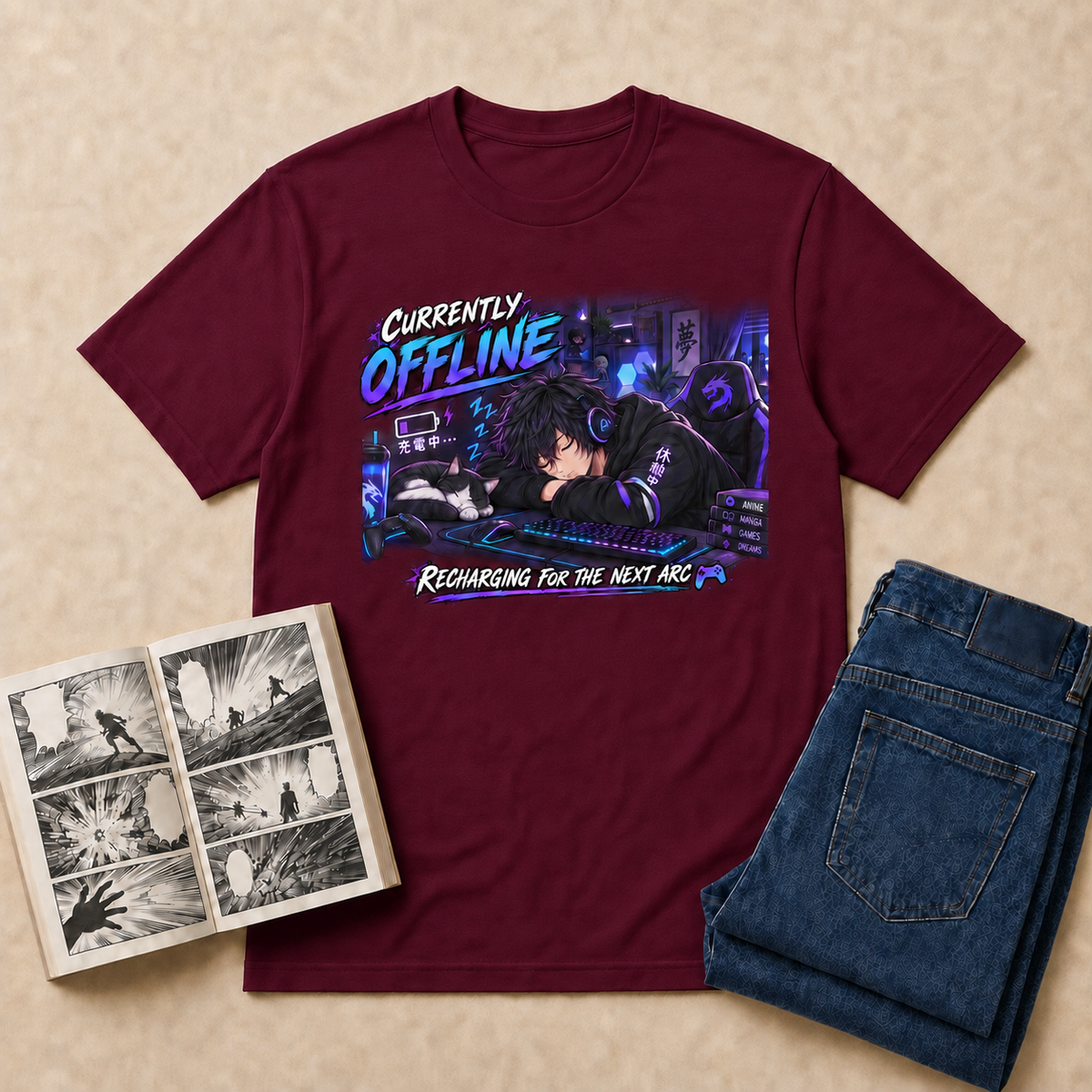 Currently Offline Anime T-Shirt — Maroon overhead flat-lay