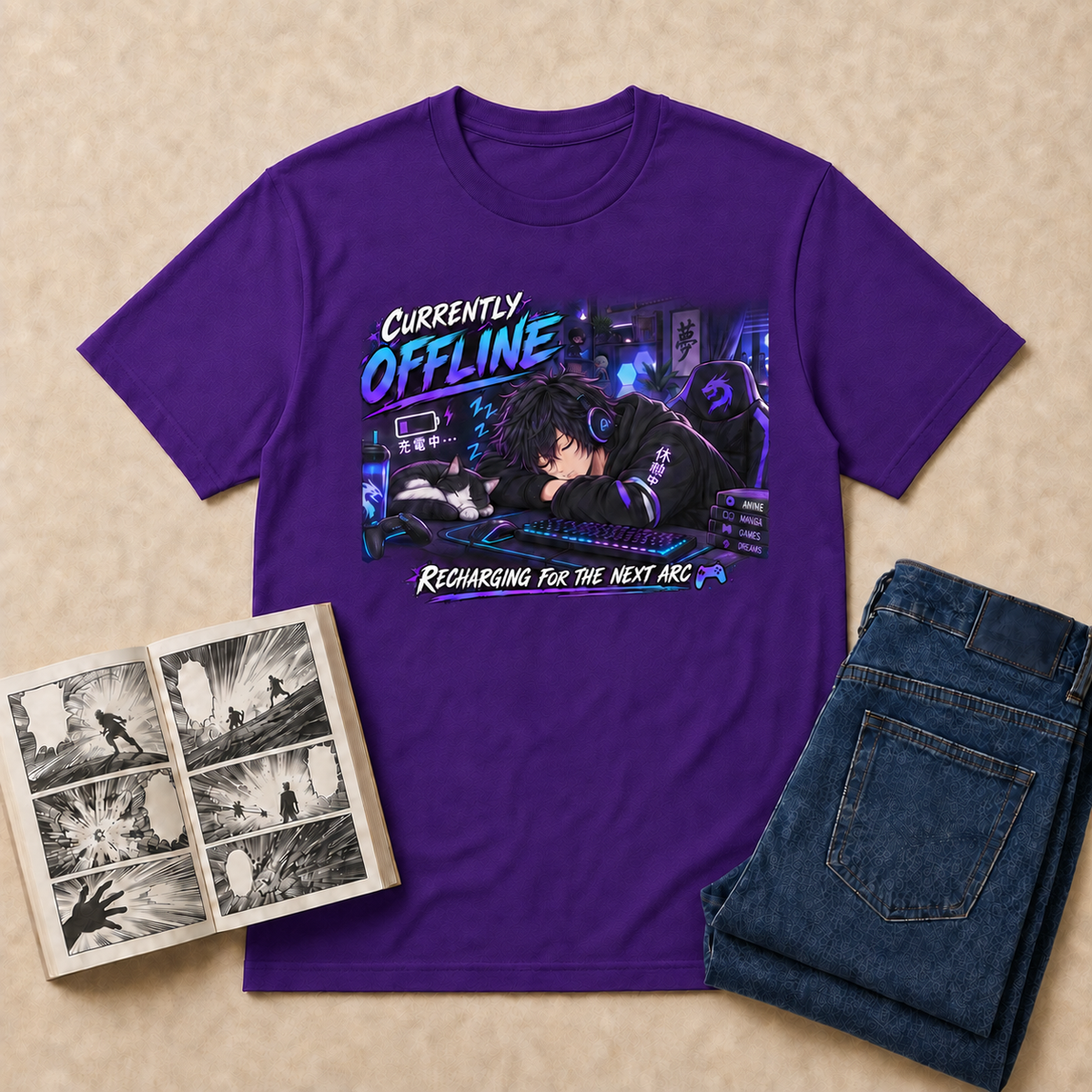 Currently Offline Anime T-Shirt — Purple overhead flat-lay