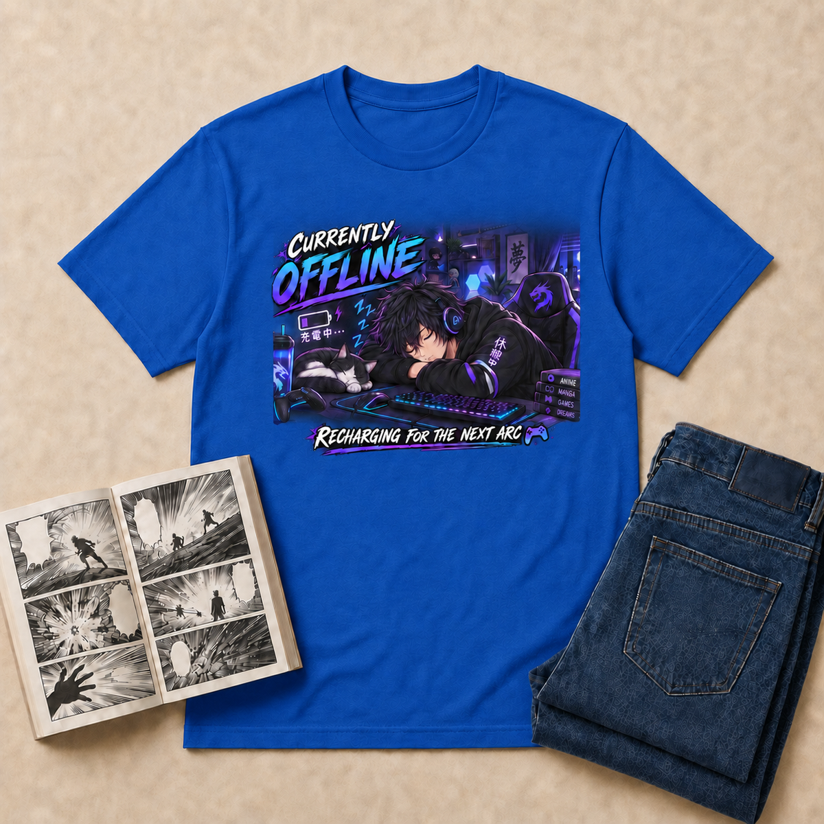 Currently Offline Anime T-Shirt — Royal overhead flat-lay