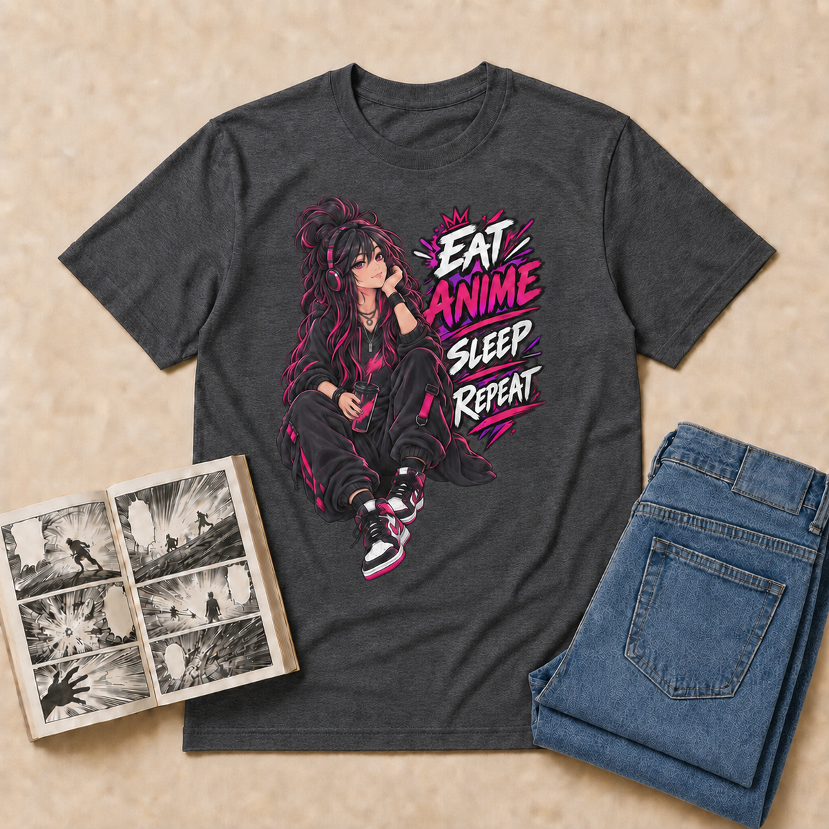 Eat Anime Sleep Repeat Anime T-Shirt — Dark Heather overhead flat-lay
