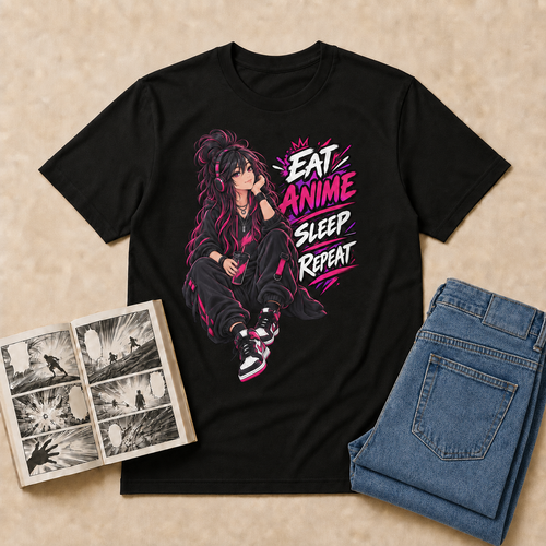 Eat Anime Sleep Repeat T-Shirt flat-lay with medium-blue folded jeans