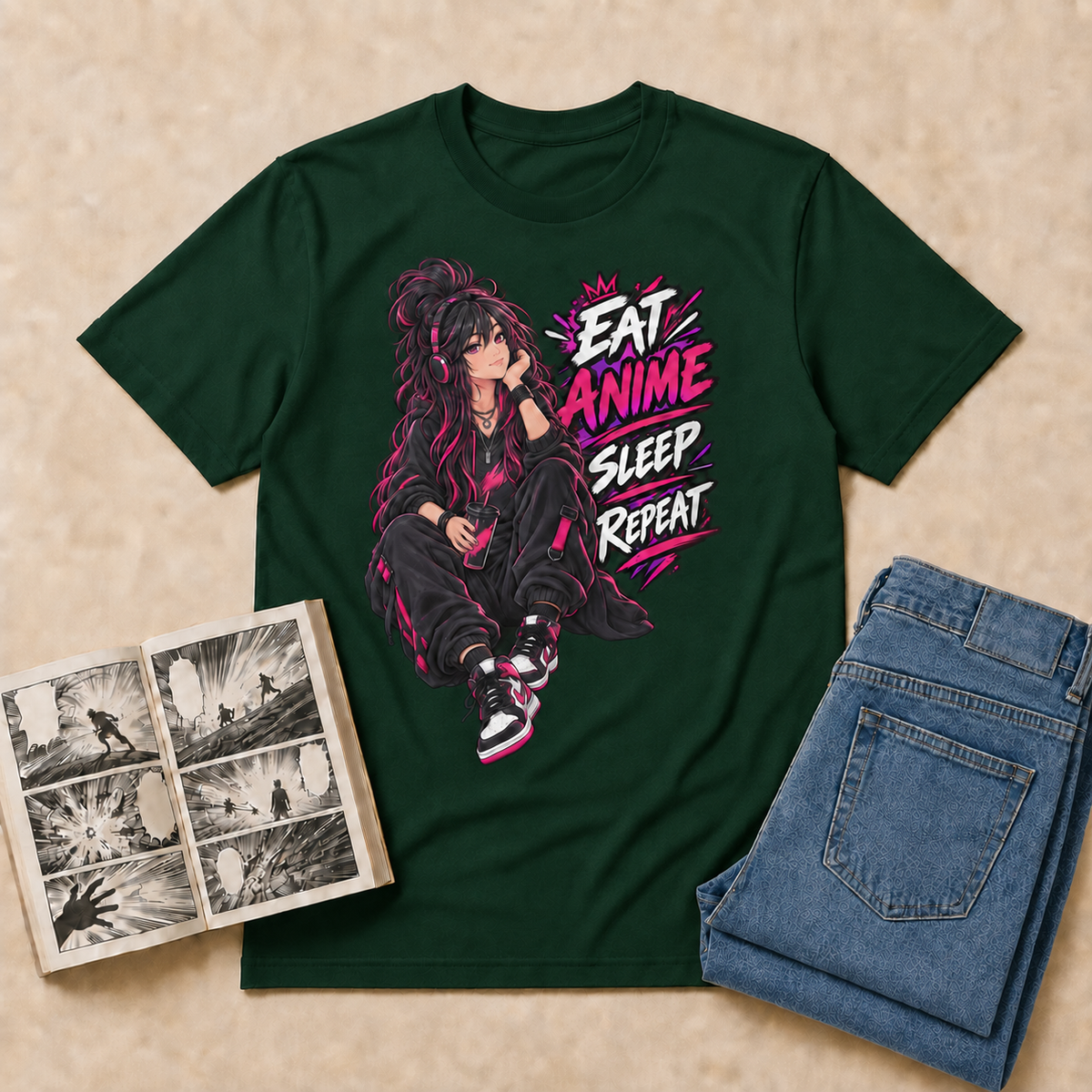 Eat Anime Sleep Repeat Anime T-Shirt — Forest Green overhead flat-lay