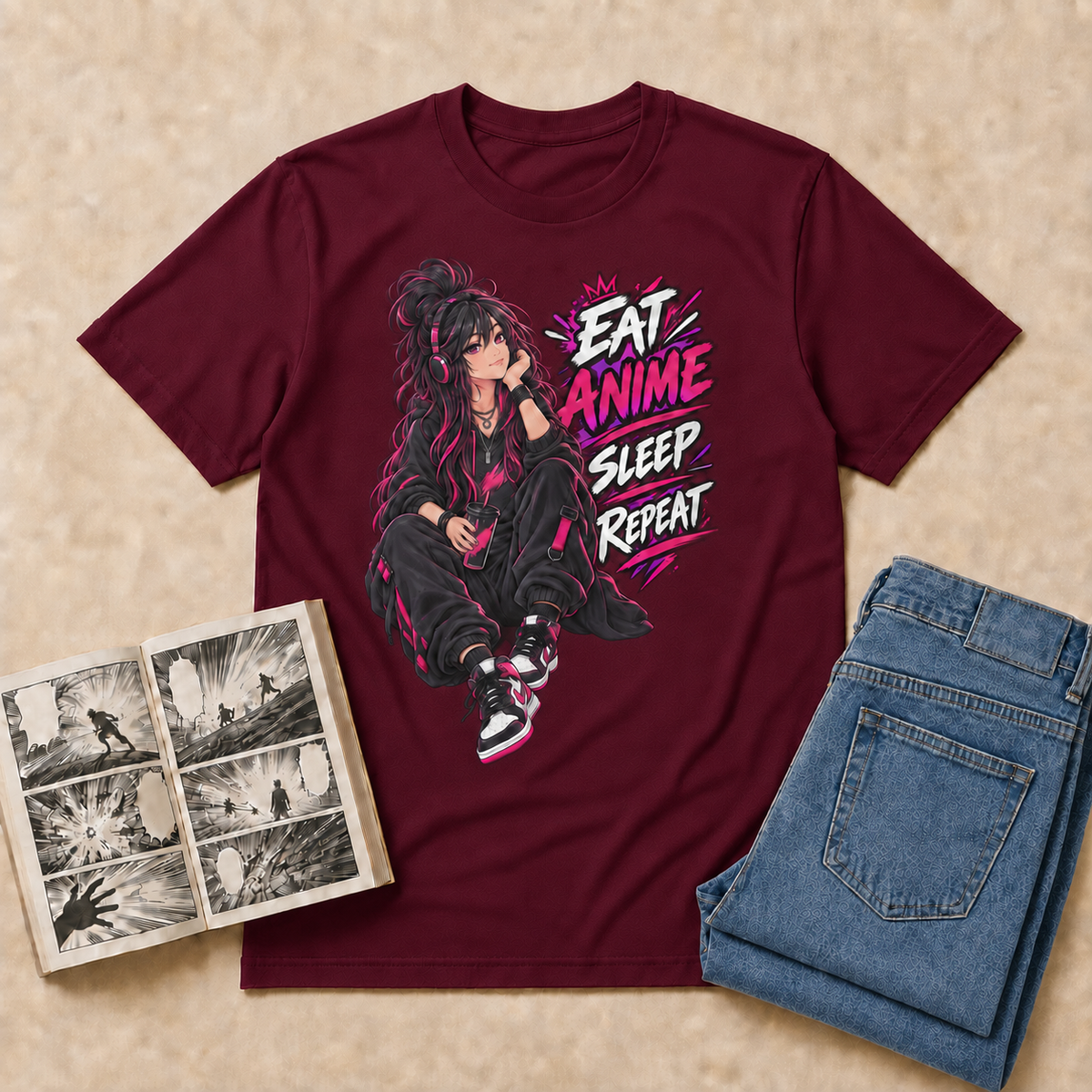 Eat Anime Sleep Repeat Anime T-Shirt — Maroon overhead flat-lay