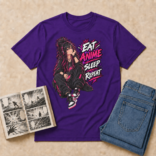 Eat Anime Sleep Repeat Anime T-Shirt — Purple overhead flat-lay