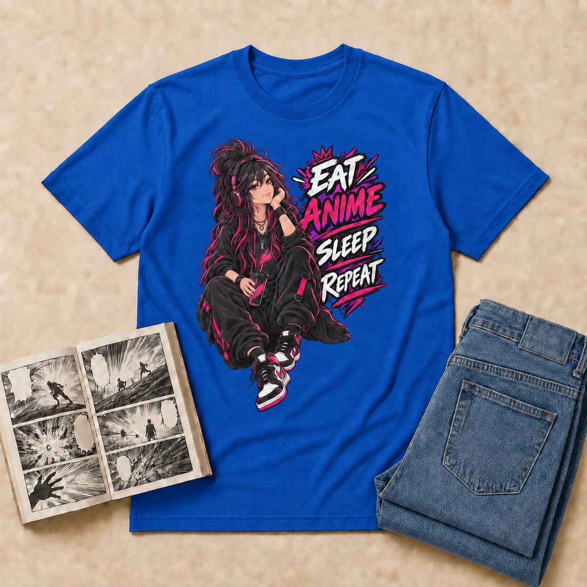 Eat Anime Sleep Repeat Anime T-Shirt — Royal overhead flat-lay