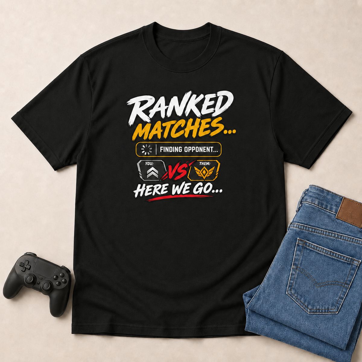 Ranked Matches Black shirt gaming flat lay mockup