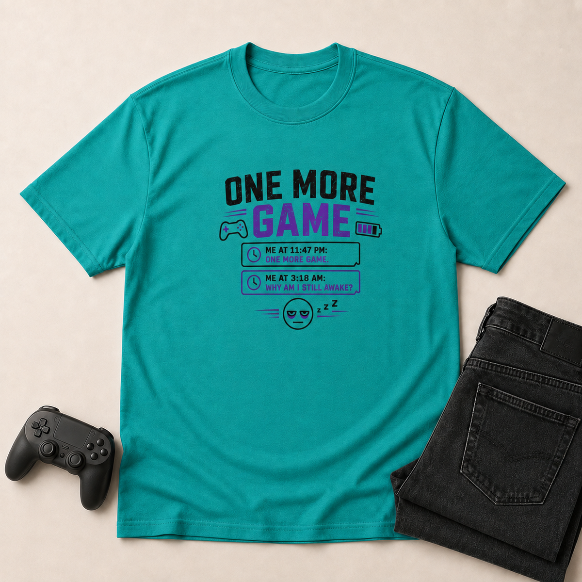 One More Game Jade Dome shirt gaming flat lay mockup