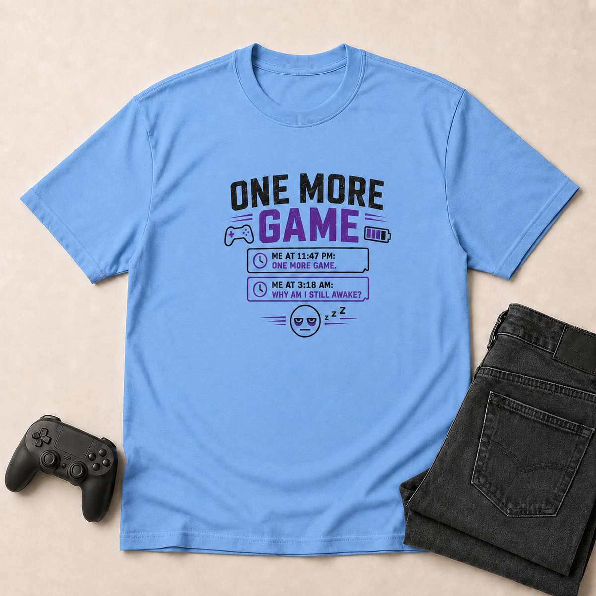One More Game Carolina Blue shirt gaming flat lay mockup