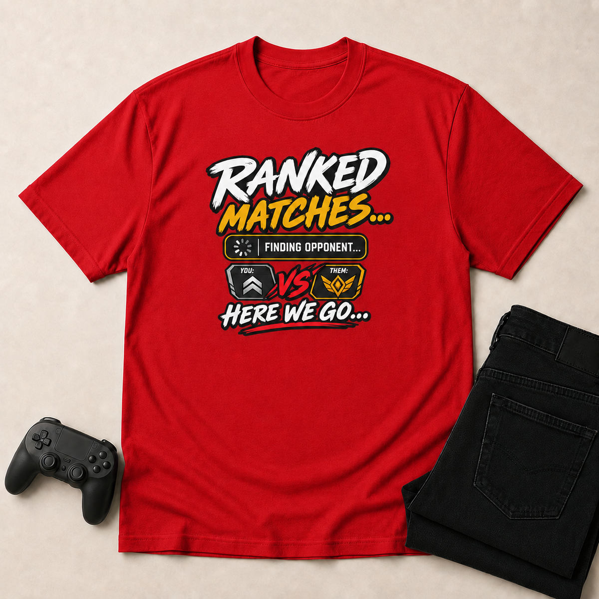 Ranked Matches Red shirt gaming flat lay mockup