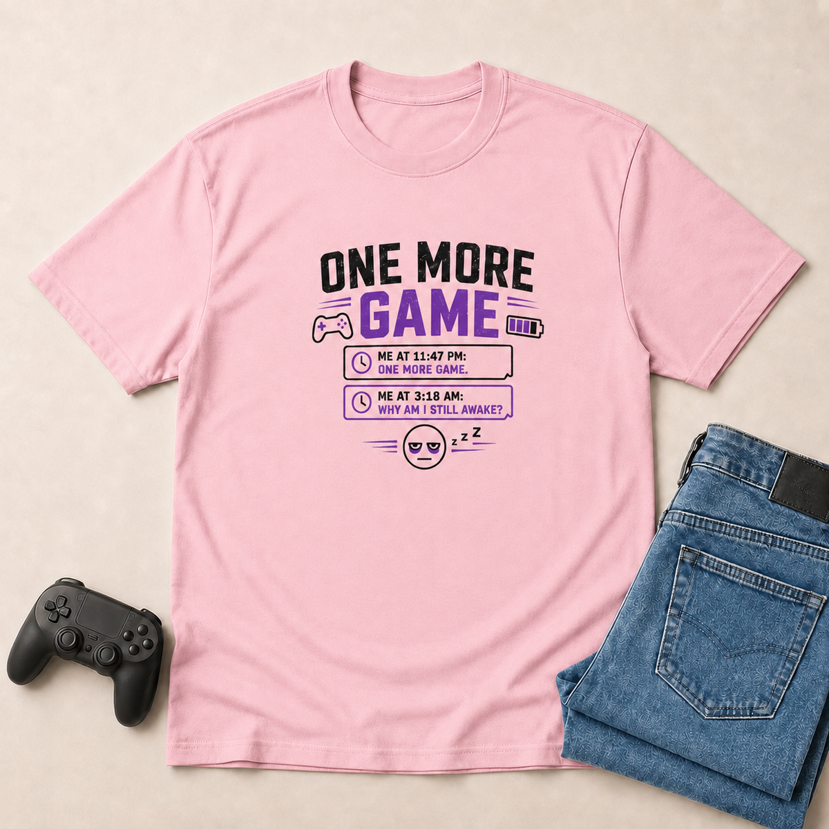 One More Game Light Pink shirt gaming flat lay mockup