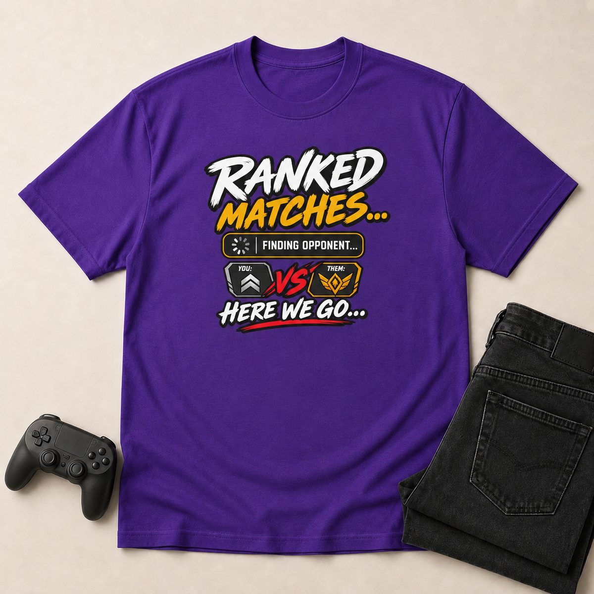 Ranked Matches Purple shirt gaming flat lay mockup