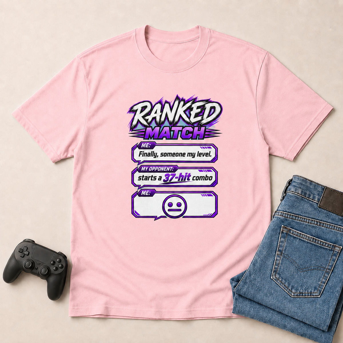 Ranked Match Light Pink shirt gaming flat lay mockup