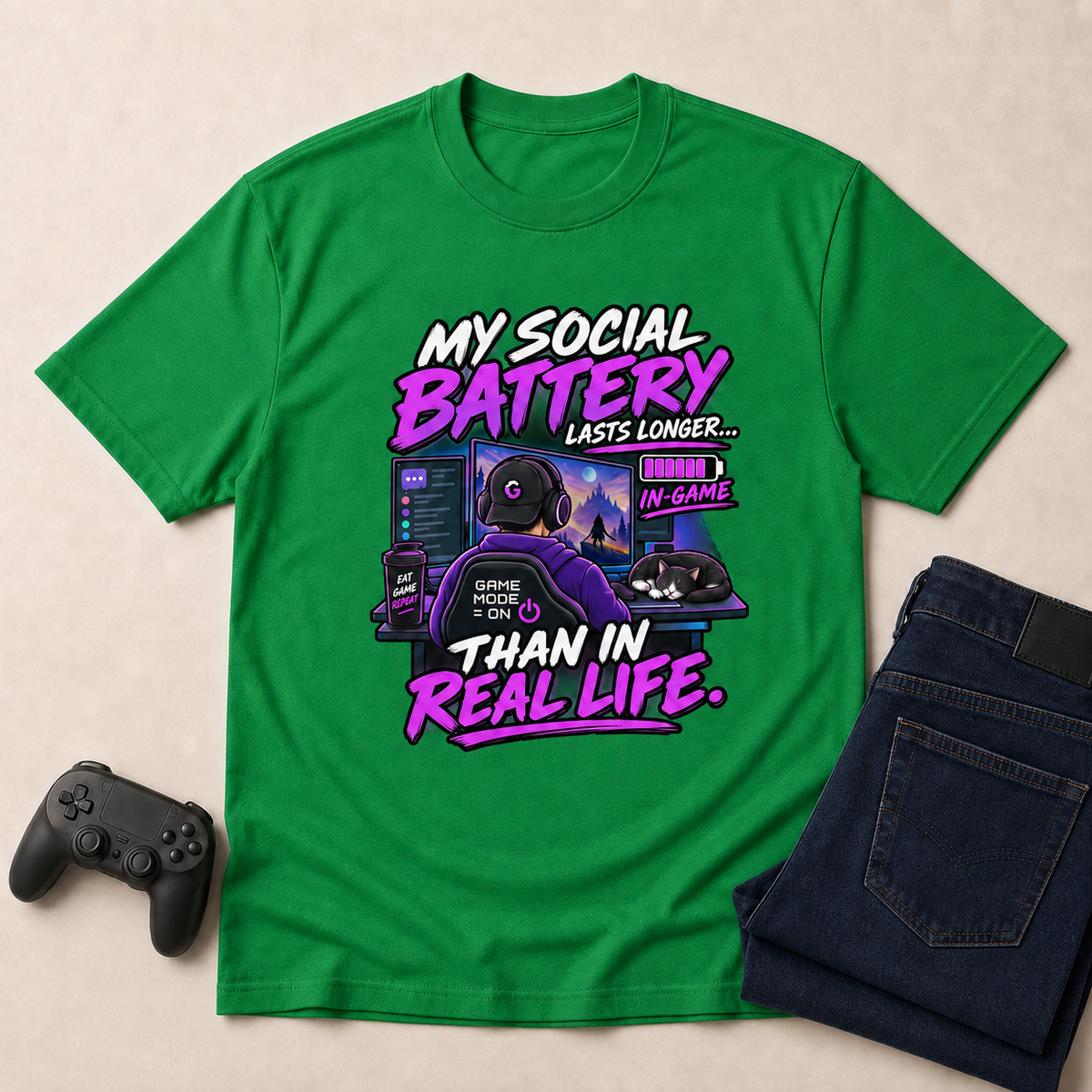 My Social Battery Gaming T-Shirt - Kelly Green