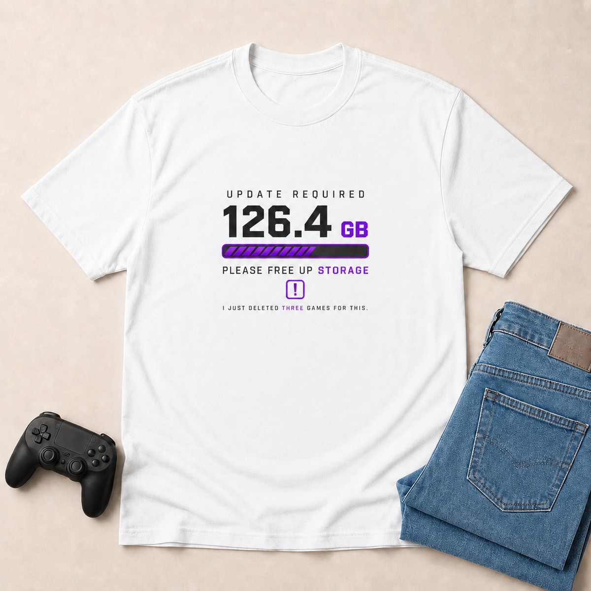 Update Required White shirt gaming flat lay mockup