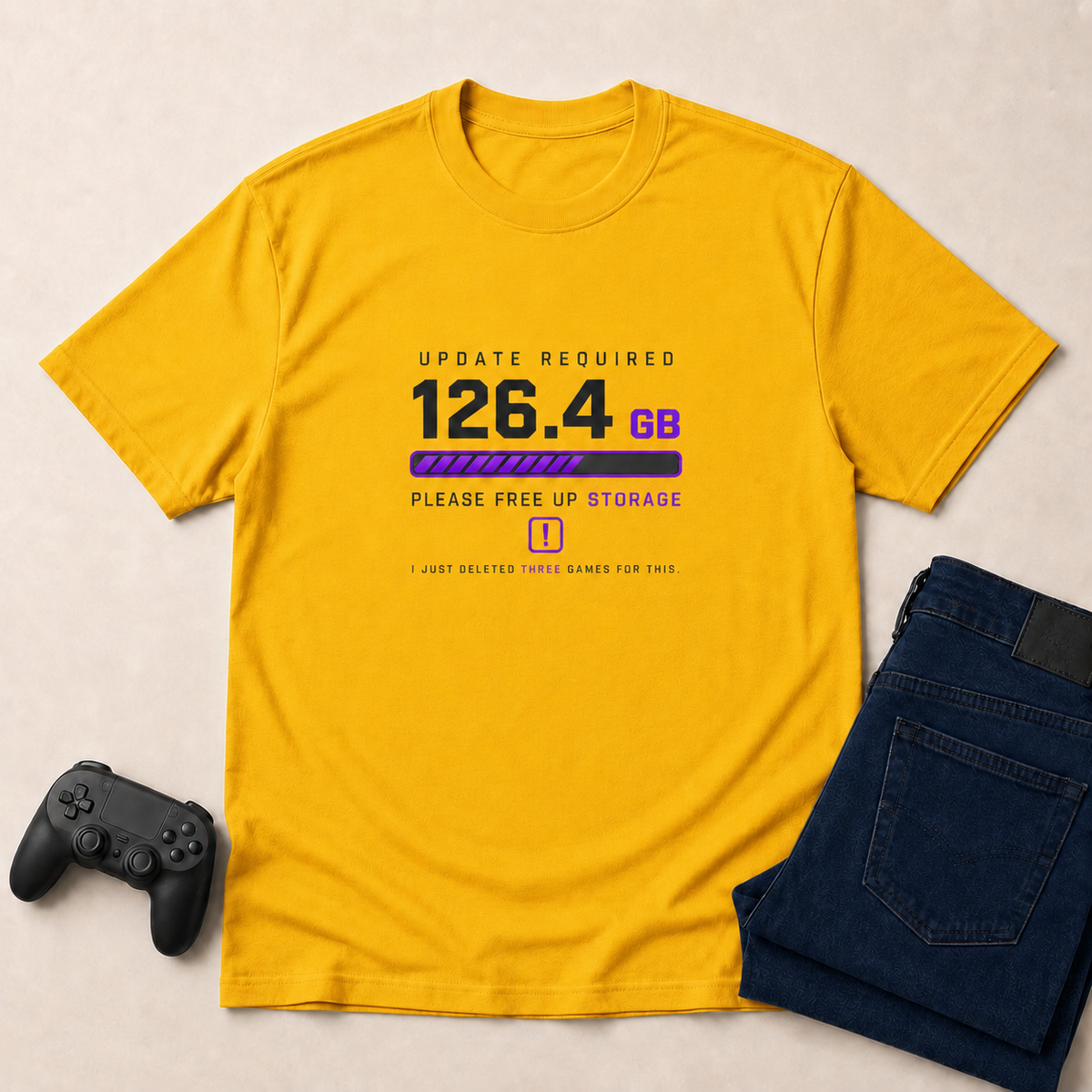 Update Required Gold shirt gaming flat lay mockup