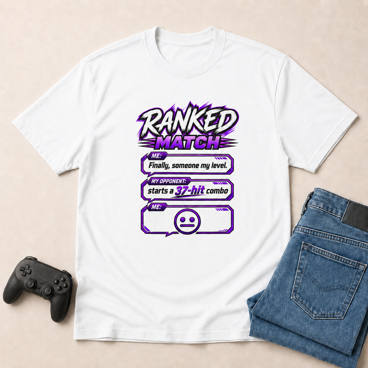 Ranked Match White shirt gaming flat lay mockup