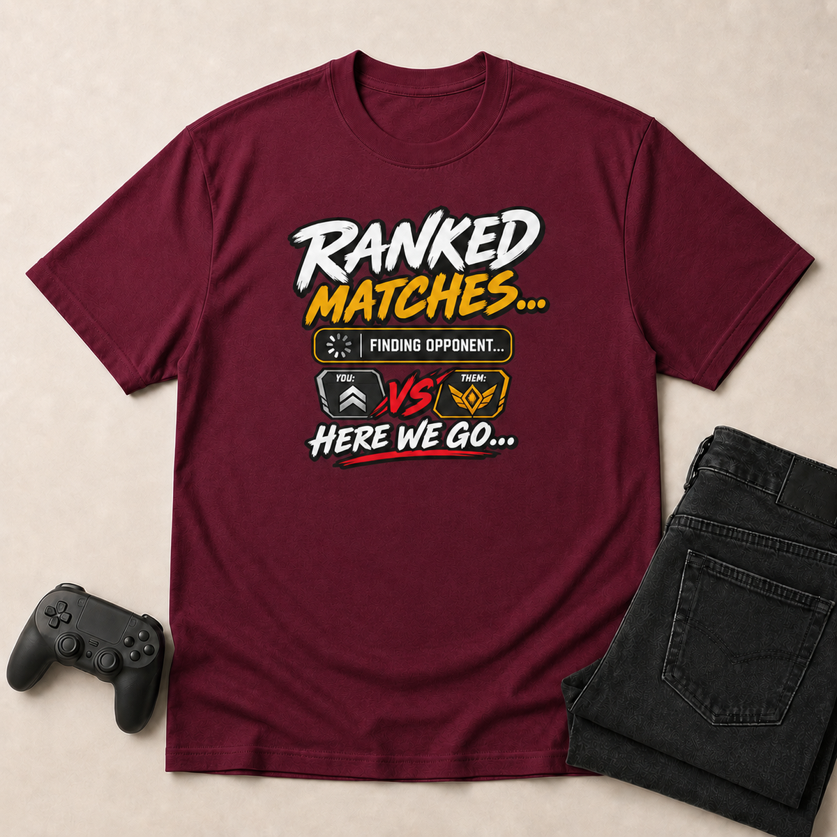 Ranked Matches Maroon shirt gaming flat lay mockup