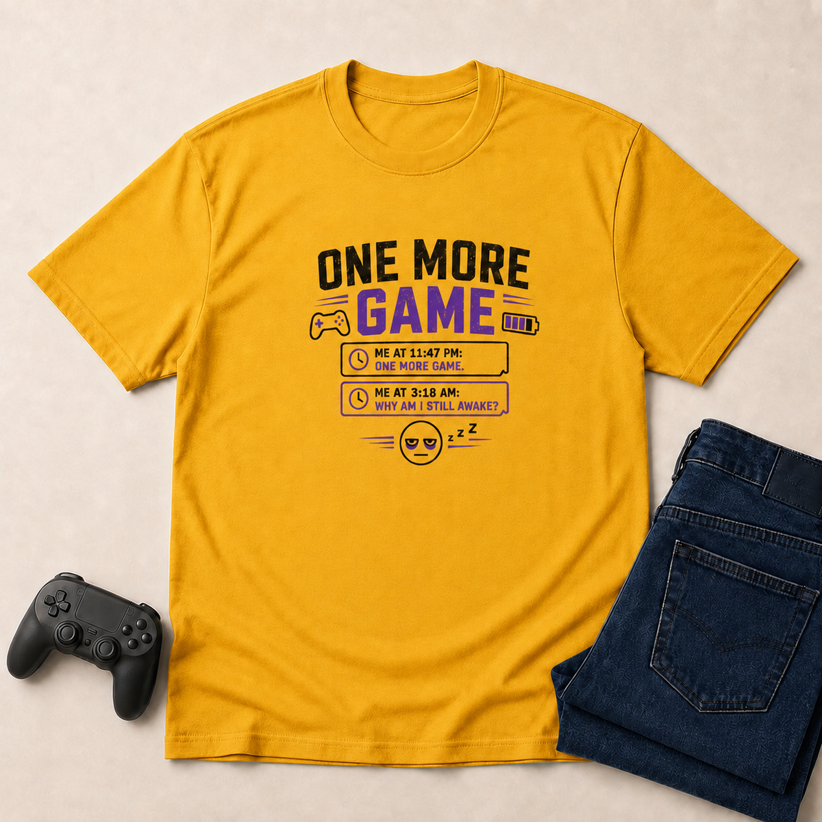 One More Game Gold shirt gaming flat lay mockup