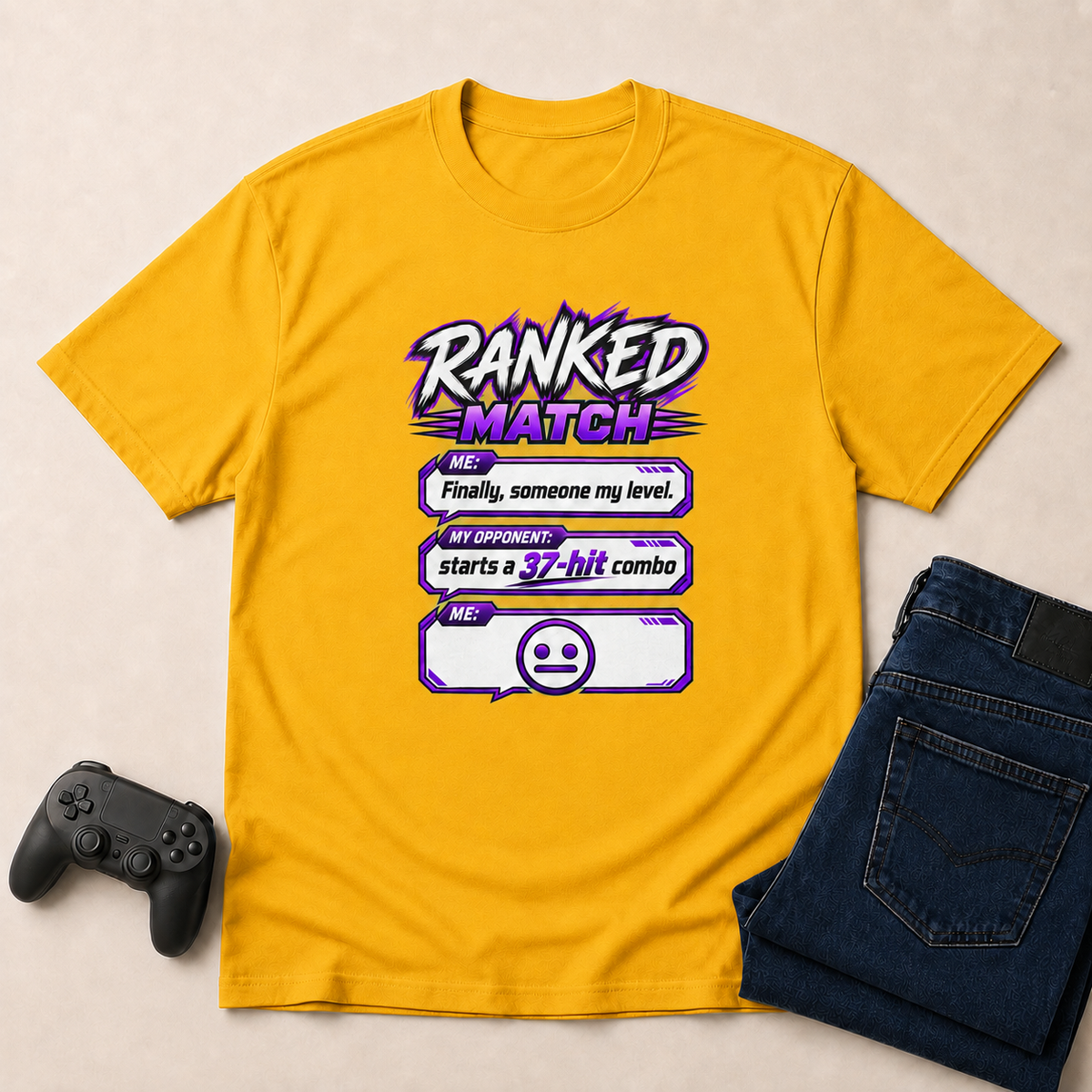 Ranked Match Gold shirt gaming flat lay mockup