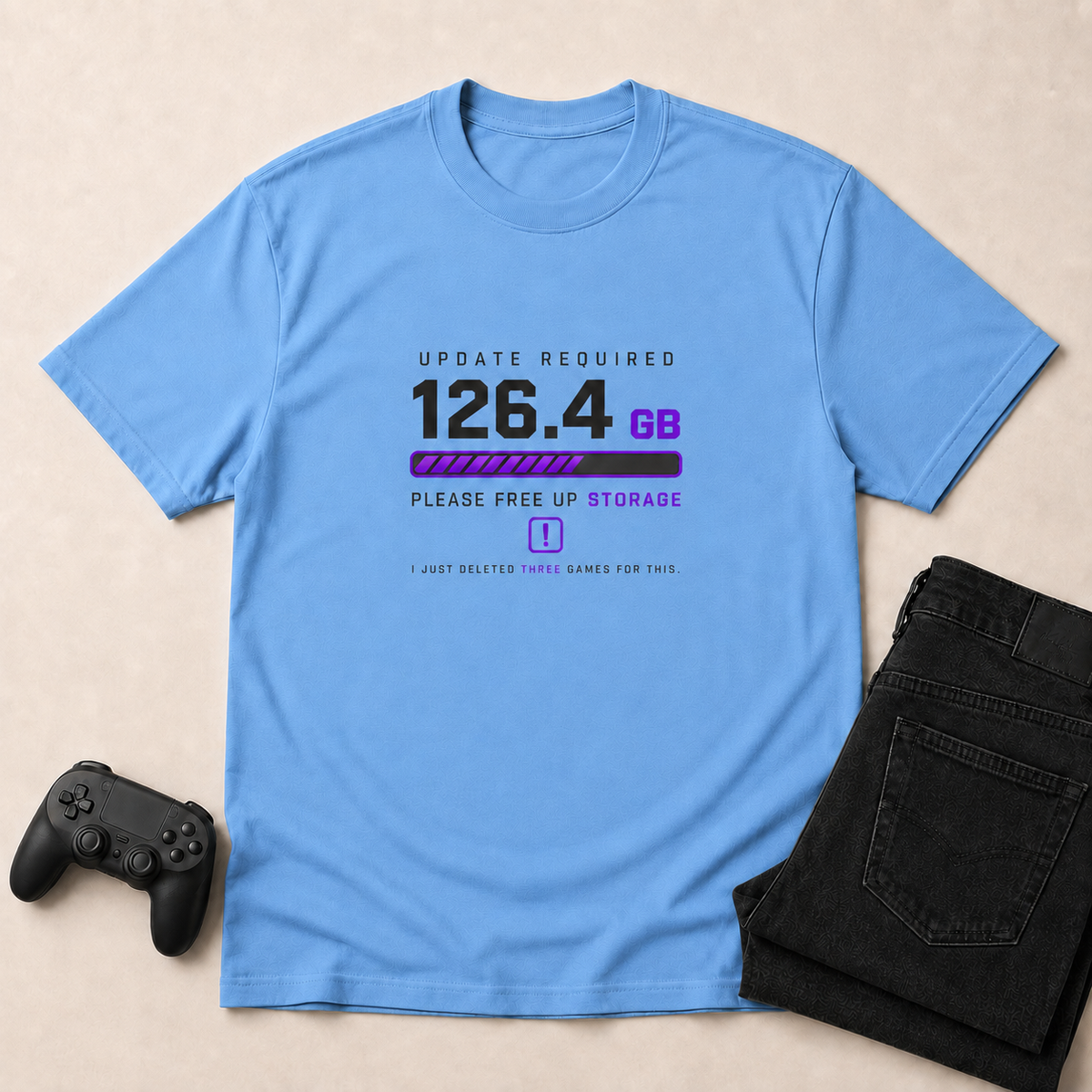 Update Required Carolina Blue shirt gaming flat lay mockup