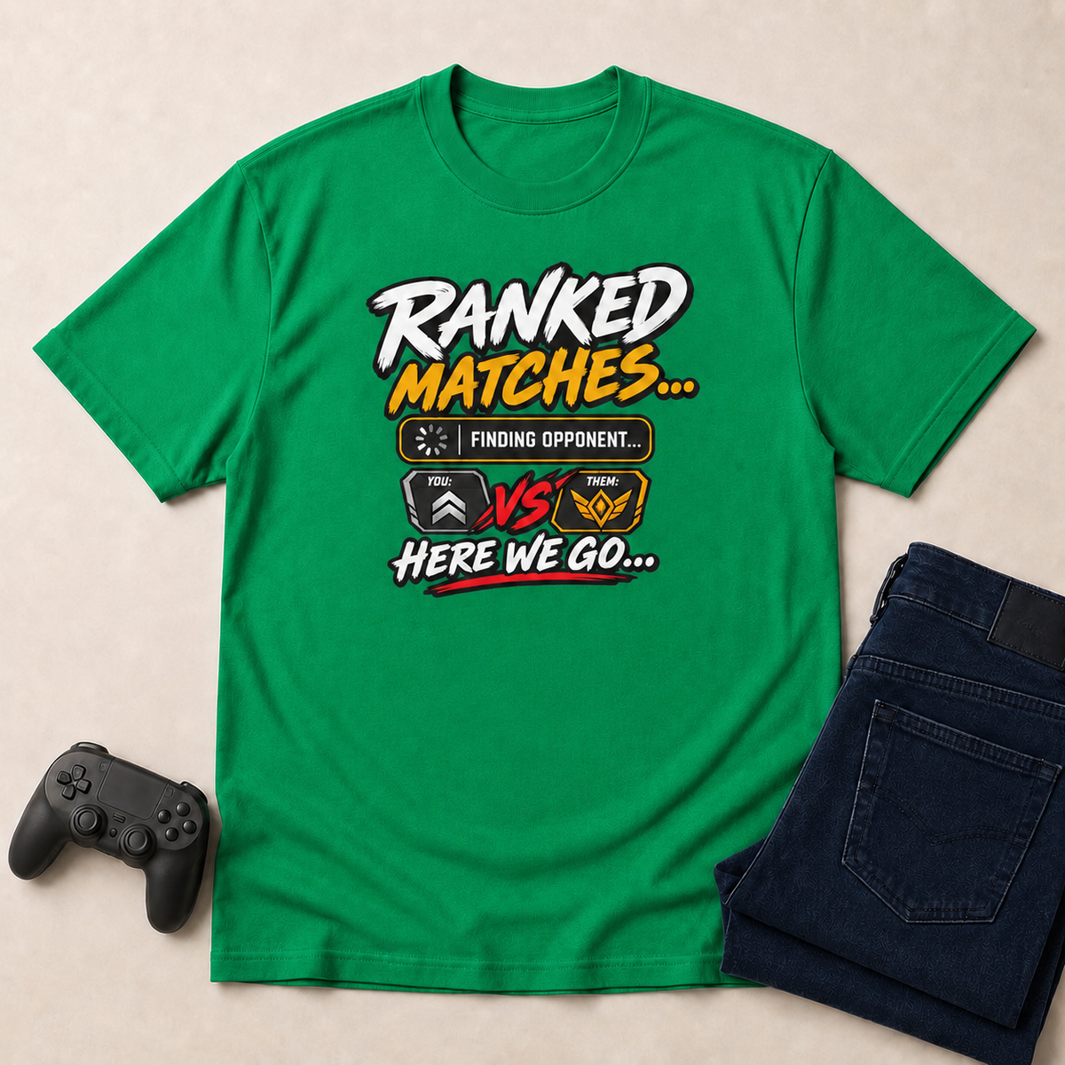 Ranked Matches Kelly Green shirt gaming flat lay mockup