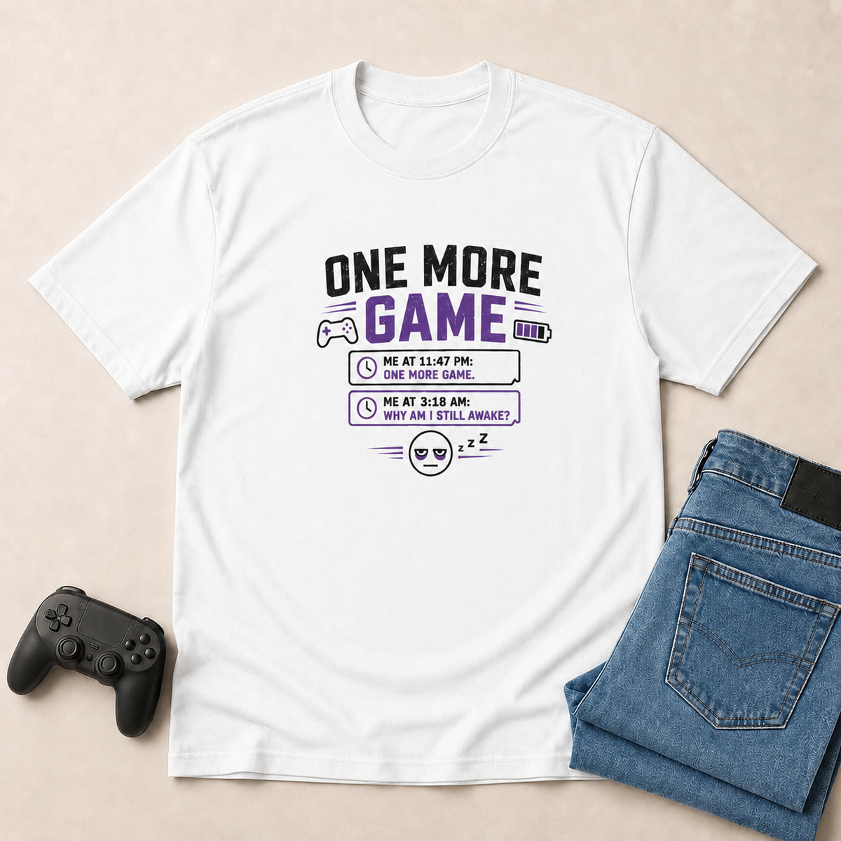 One More Game White shirt gaming flat lay mockup
