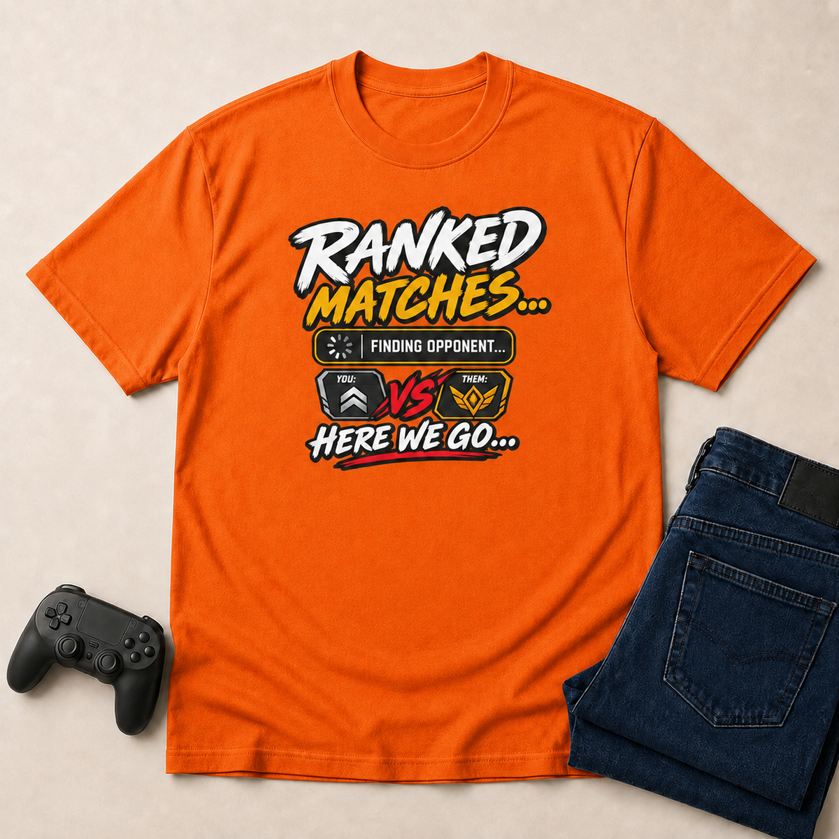 Ranked Matches Orange shirt gaming flat lay mockup