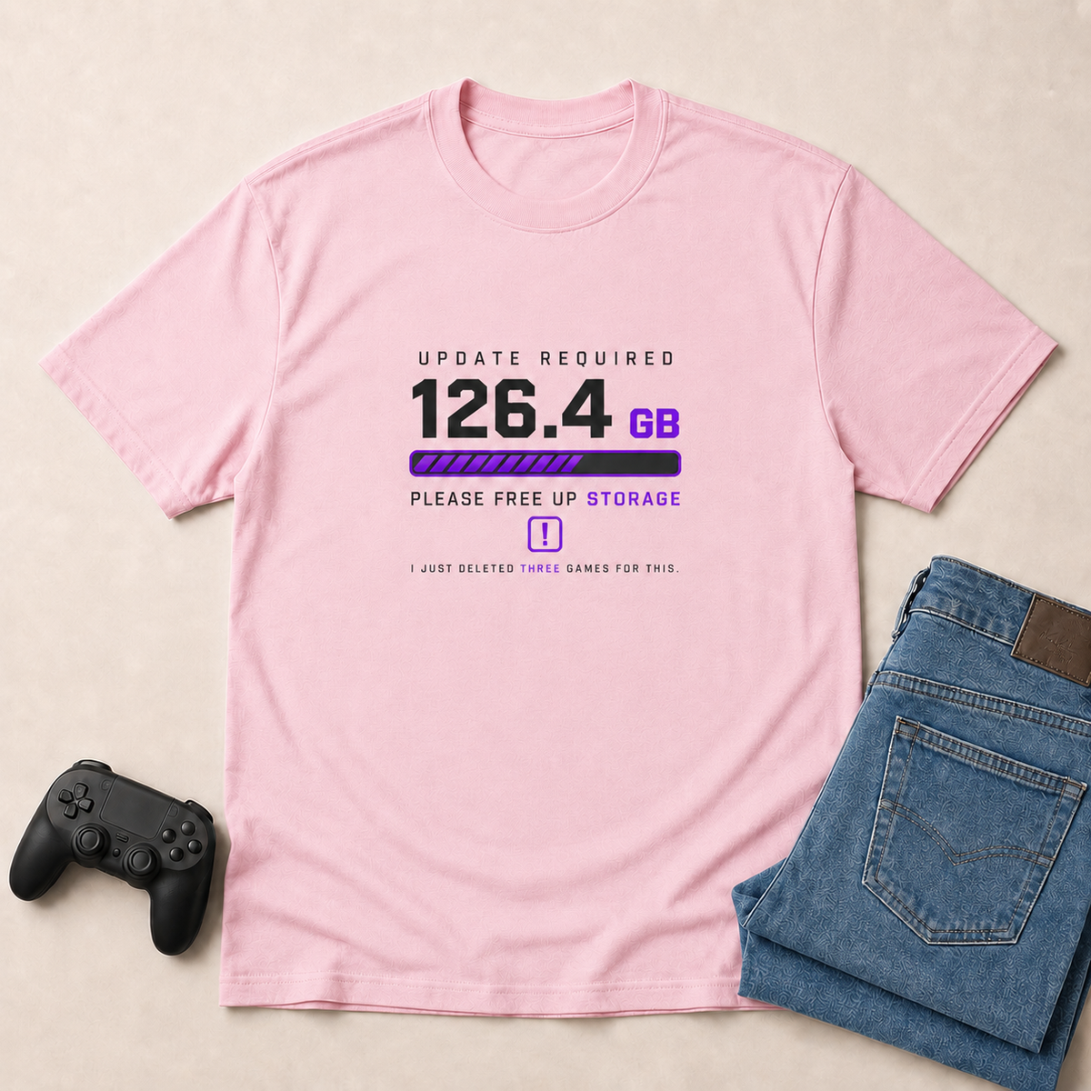 Update Required Light Pink shirt gaming flat lay mockup
