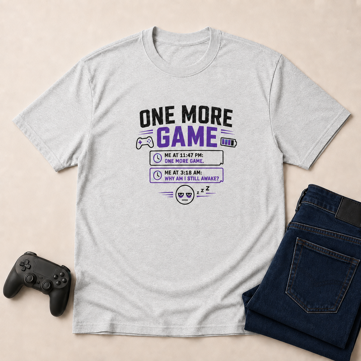 One More Game Ash shirt gaming flat lay mockup