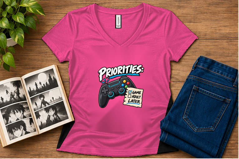 Priorities: Game Now, Adult Later — Women's Fit Berry V-neck flat-lay