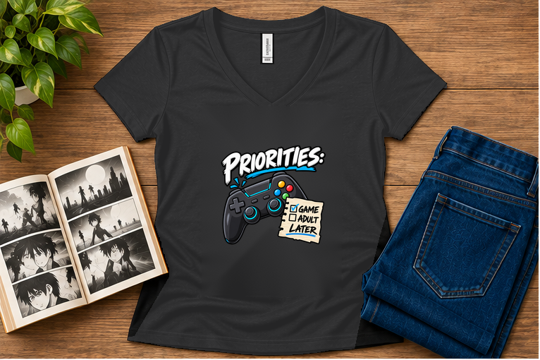 Priorities: Game Now, Adult Later — Women's Fit Dark Grey Heather V-neck flat-lay