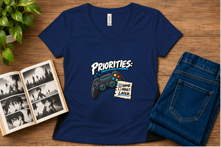 Priorities: Game Now, Adult Later — Women's Fit Heather Navy V-neck flat-lay