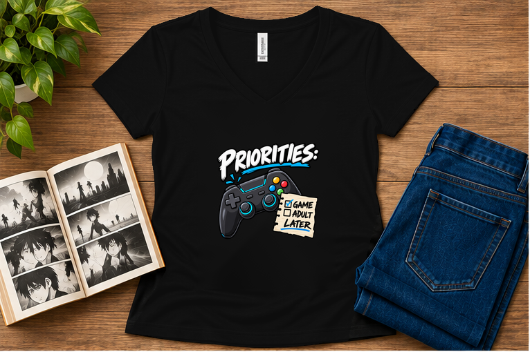 Priorities: Game Now, Adult Later — Women's Fit Solid Black Blend V-neck flat-lay